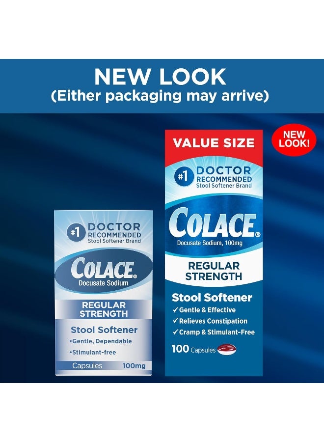 Colace Regular Strength Stool Softener 100 mg Capsules 100 Count Docusate Sodium Stimulant-Free for Gentle, Dependable Occasional Constipation Relief - Image 3
